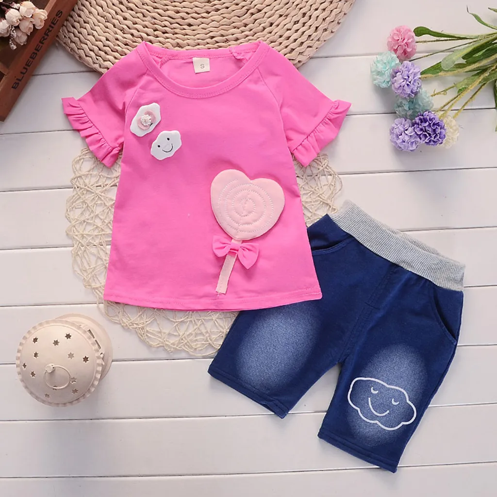 Toddler Baby Girls Cartoon clothes Short Sleeve Cartoon Print Tops+Denim Shorts Set Outfits costume kids girls clothing set - Цвет: Многоцветный