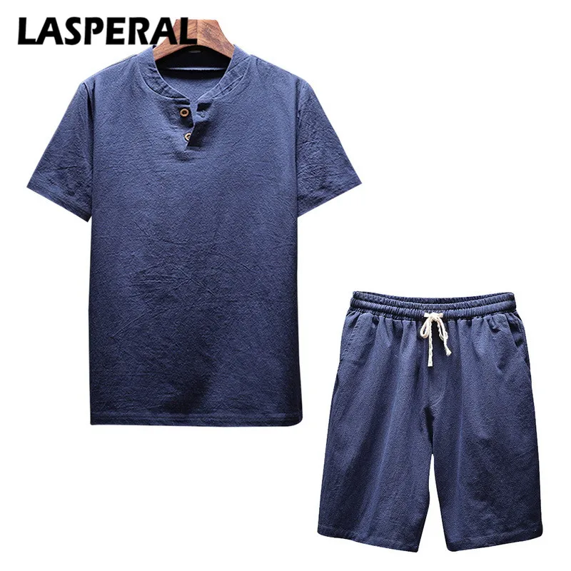 

LASPERAL Men Fashion Solid Set Summer Short Sleeve V-Neck Button Tops Drawstring Knee Short Pants Casual Male Sportwear Suit 5XL