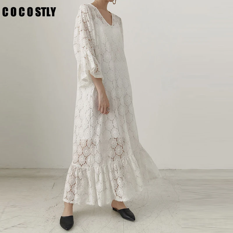 

Fashion Women Long Dress Hollow Out Solid Color V-neck Irregular Ladies Lace Dress 2019 Summer Women Maxi Dresses Clothing