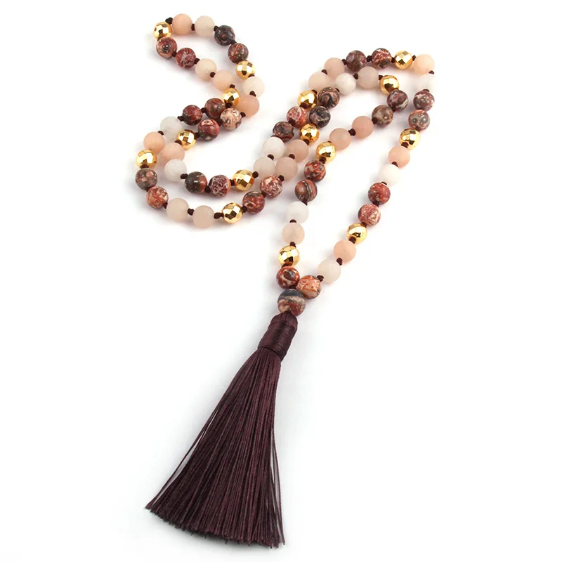 

MOODPC Fashion Natural Stone Leopard Strpe beads Knotted Gold Magnetic Long Tassel Necklace Free Shipping