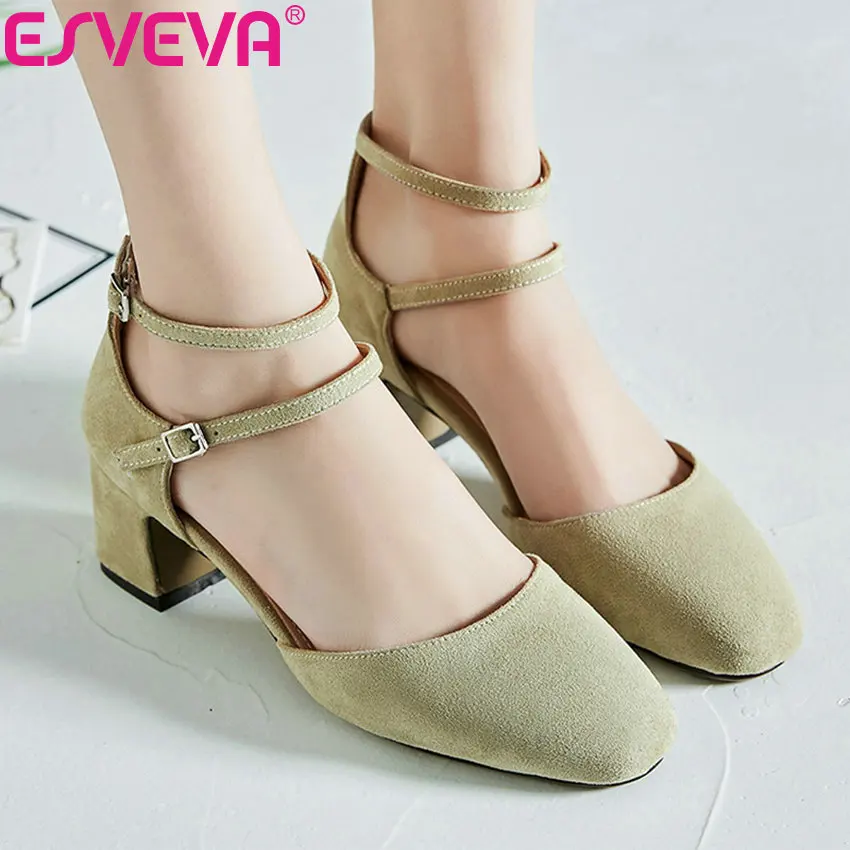 

ESVEVA 2019 Solid Spring Women Pumps Two-piece Elegant Square High Heels Sandals Kid Suede Buckle PU Ladies Pumps Shoes 34-43