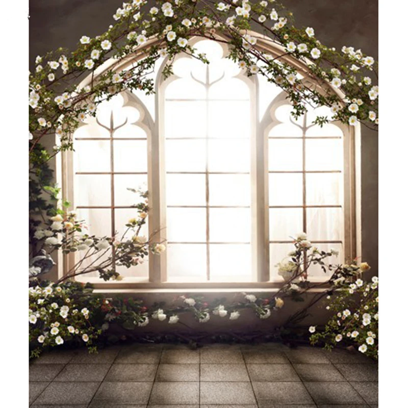 Window  flower arch Vinyl Photography Background Brick Ground Oxford Backdrop For Wedding photo studio Props CM6560