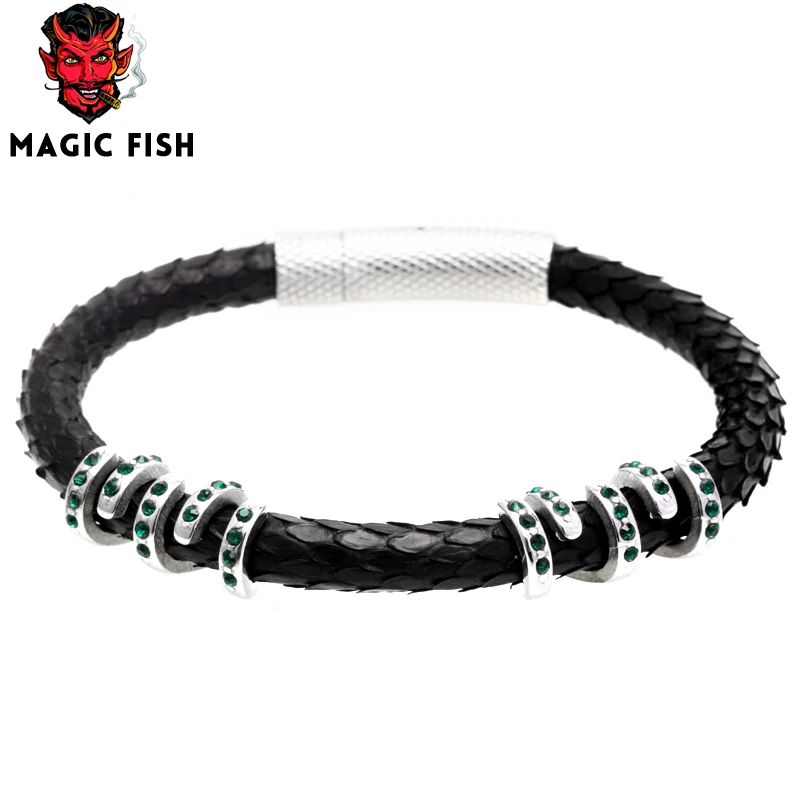 

Genuine python bracelet Men luxury Bracelet Jewelry 6mm Python and 316L Stainless steel with Rhinestone setting Bracelet Jewelry