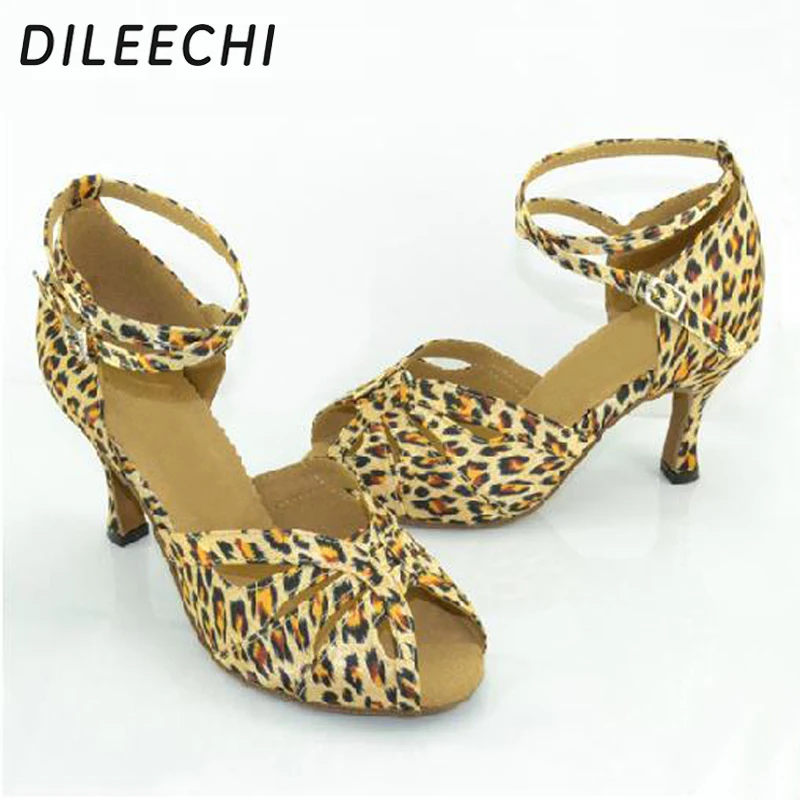 

DILEECHI Leopard print satin Latin dance shoes female summer adult Ballroom dancing shoes women's party square dance shoes