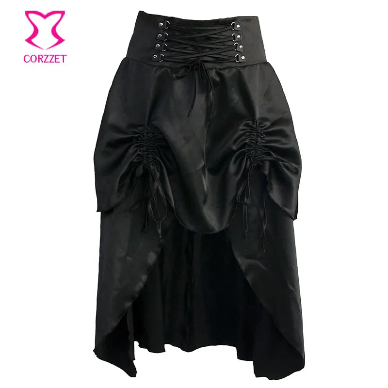 

Black Satin Gothic Skirt With Ruffle Women Burlesque Mid Swallowtail Skirts Matching Steampunk Corsets and Bustiers