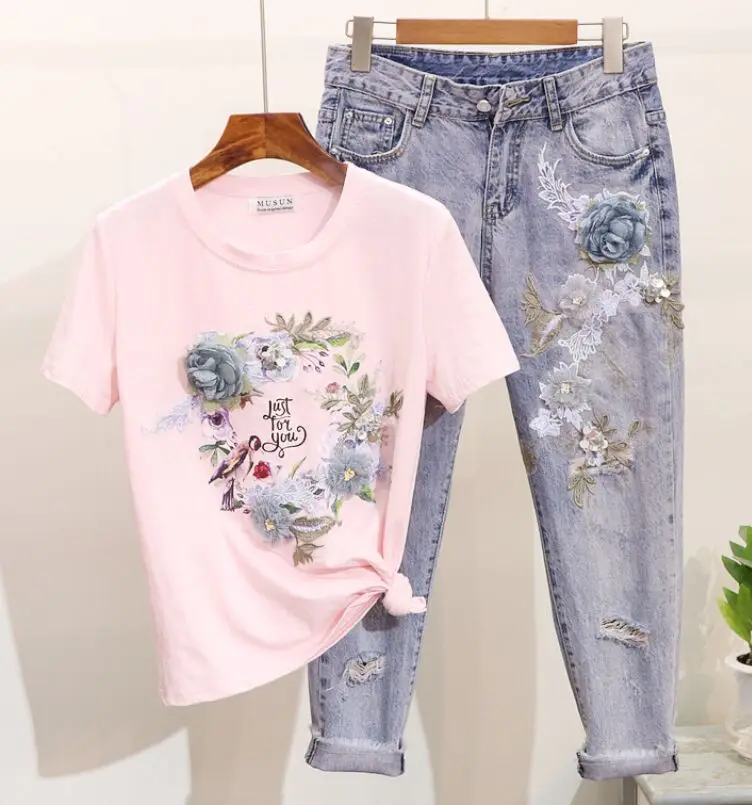 Amolapha для женщин тяжелая работа 3D цветок печатных хлопок футболки+ джинсы 2 шт. комплекты одежды костюмы - Цвет: Pink Set