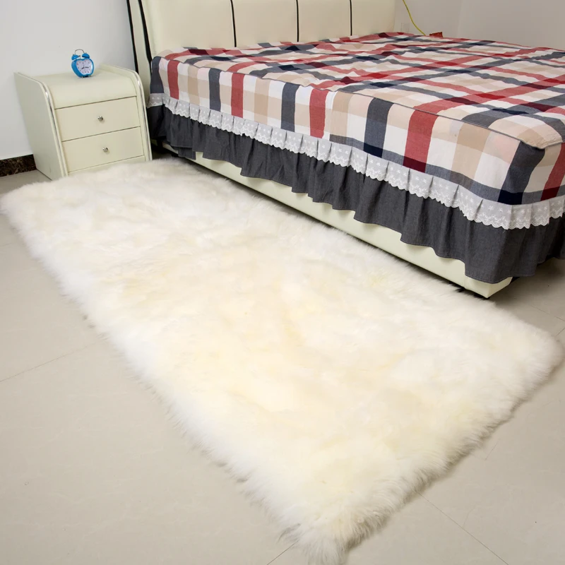 Square real sheepskin rug 100*200cm sheep fur bed slide carpet white