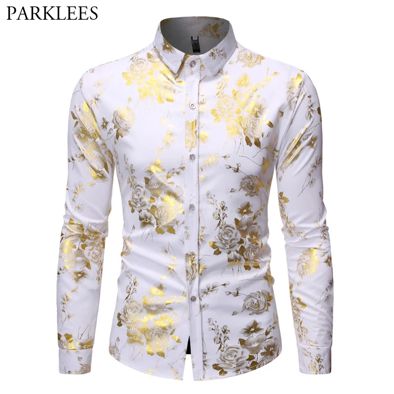 

Gold Rose Bronzing Luxury White Shirt Men 2019 Autumn New Slim Fit Long Sleeve Button Down Nightclub Party Shirt Male Chemise
