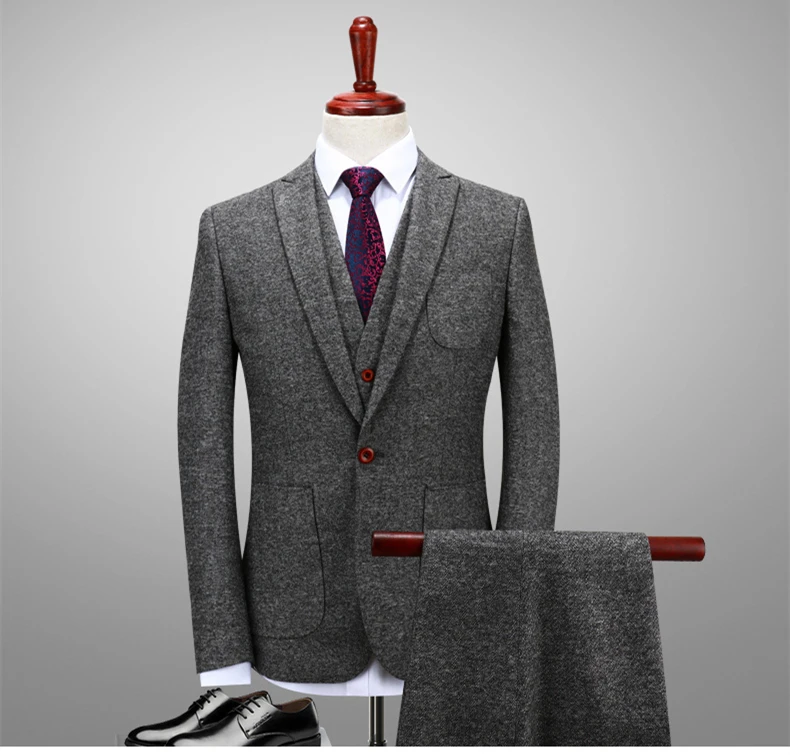 Plyesxale бренд шерстяной костюм для мужчин осень 4XL Slim Fit Серый Свадебный костюм элегантный мужской костюм из трех предметов деловой повседневный костюм Q122