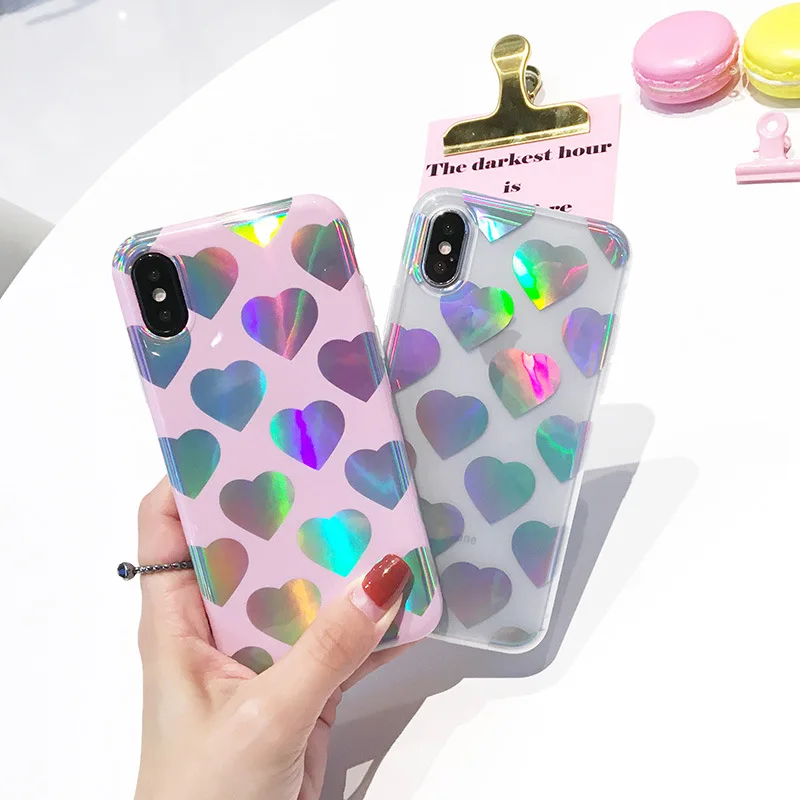 

Phone Case Fashion Laser Love Heart Case Large Lovely Transparent Clear Pretty Back Cover for iPhone X 7 8 6 6S Fundas