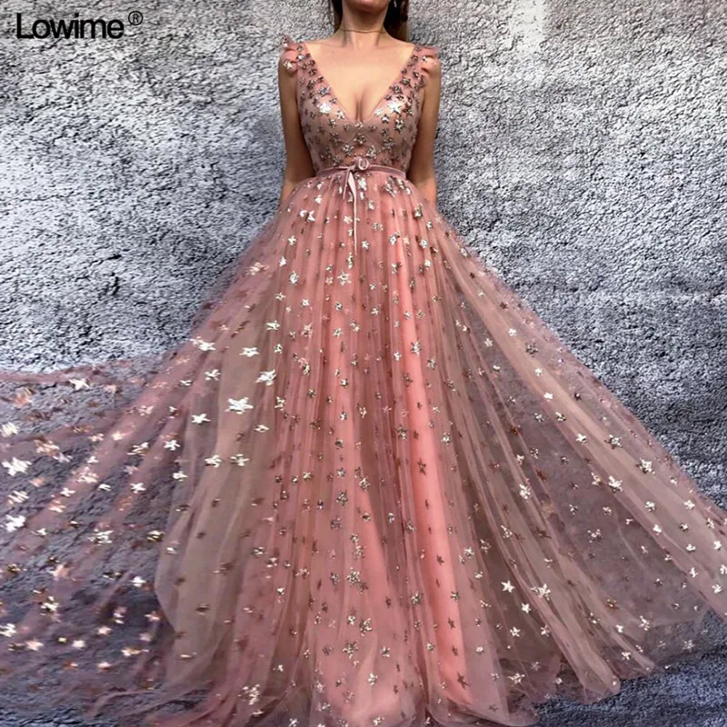 New Sexy V-neck vestido de festa A-line Prom Dress Long With Appliques Stars Sashes Sleeveless Evening Dresses 2018