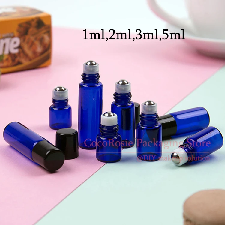 

(50pieces/lot)1ML 2ML 3ML 5ML Blue Small Roll on Bottle with Stainless Steel roller Mini Glass Essential Oil Roller-on bottle