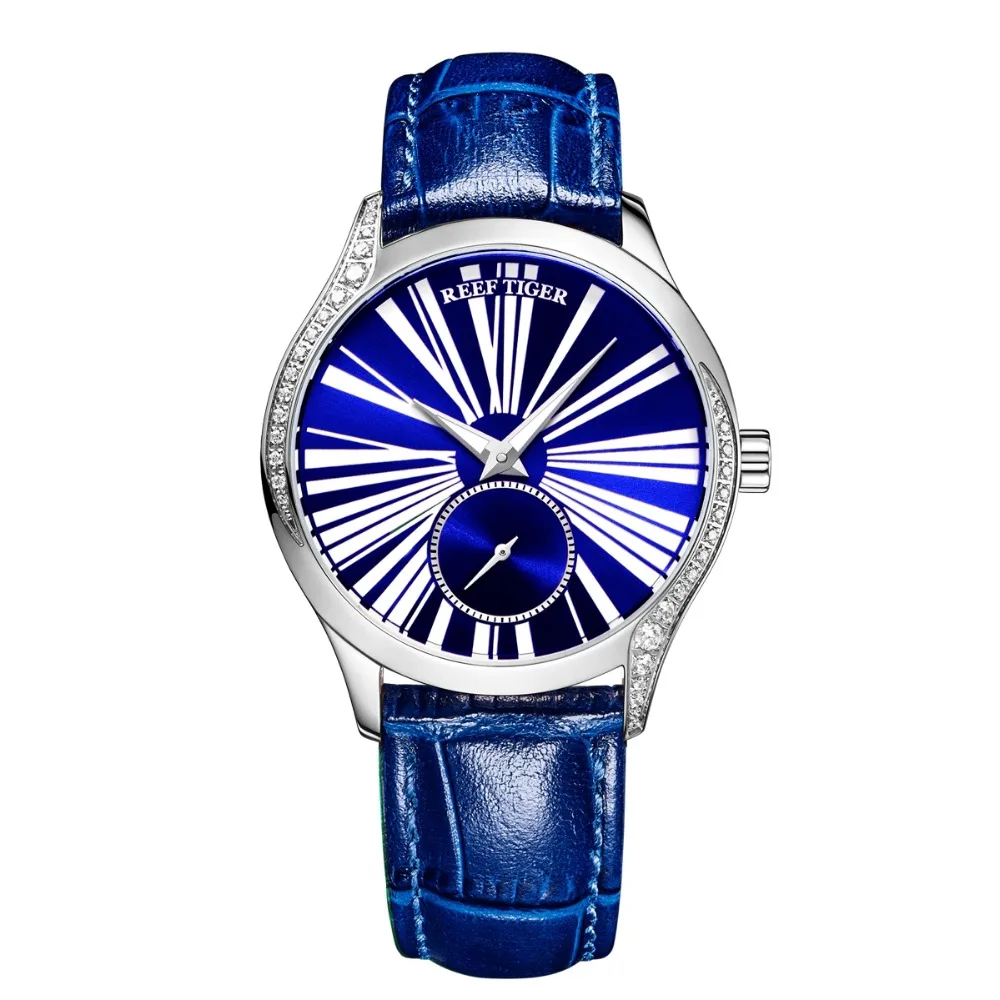 US $105.00 Reef Tiger RGA1561 Lady Luxury Austria Crystal Second Dial Women Automatic Meachanical Wrist Watch With Leather Strap Silver