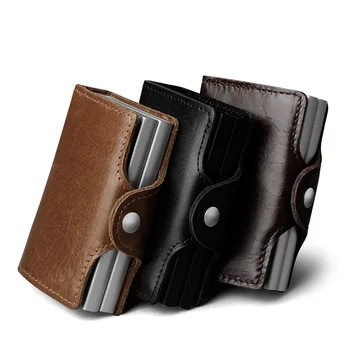 

Credit Card Holder Business Card Box Genuine Leather Aluminium RFID Blocking Case Man Wallet Automatic Pop Up Double Layer ID