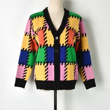 

Designer Cardigan Female Casual Knitted Autumn Jumper 2018 New Colorful Plaid Geometric Patches Sweater Women pull femme