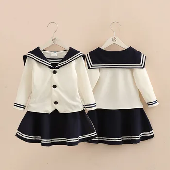 

18M-24M 2 Years 80-90cm Baby Girls Suits 2020 Spring Autumn Kids Crew Neck Long Sleeve White Tops+Skirt Navy Suit 2 Pcs Set