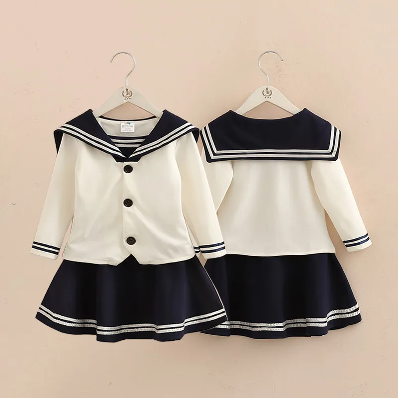 

Baby Girls Suits 2018 Spring Autumn 2-10 Years Kids Children Clothes Crew Neck Long Sleeve White Tops+Skirt Navy Suit 2 Pcs Set