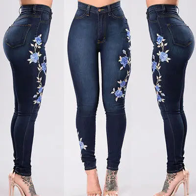 Embroidery Jeans Women Skinny Ripped Pants High Waist Stretch Slim Pencil Pants Denim Trousers Embroidery Jeans Women Skinny Ripped Pants High Waist Stretch Slim Pencil Pants Denim Trousers