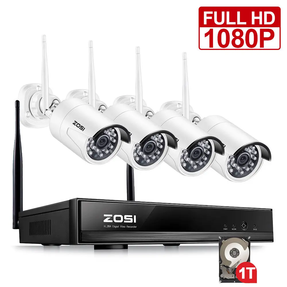 Tanie ZOSI 1080P HD Wi Fi bezprzewodowa kamera do monitoringu 4CH 1080P HDMI NVR z 1TB HDD i (4) HD 2.0MP wewnątrz na zewnątrz kamery ip