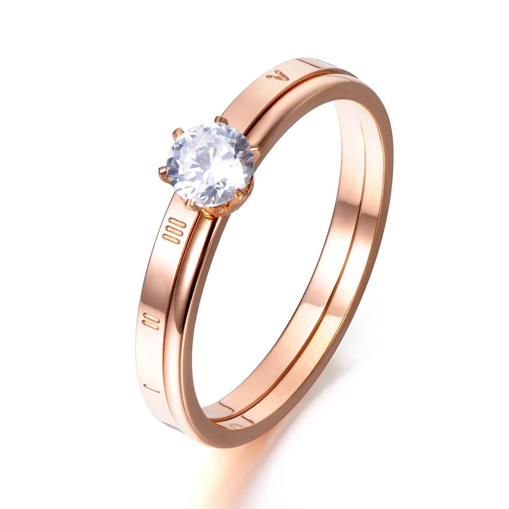 

JeeMango Fashion Rose Gold Color Roman Numerals Rings Titanium Steel Prong Setting Cubic Zirconia Wedding Ring Jewelry R17138