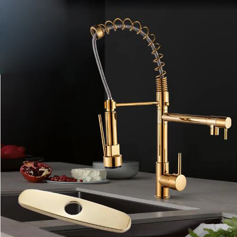 

Luxury Golden Spring Kitchen Faucet Deck Mounted Dual Spouts Mixer Single Handle