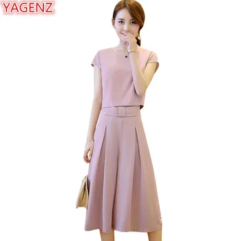 

YAGENZ Plus size Two piece sets top and pants Summer clothes Womens Black Set Fashion Slim Short sleeve Tops+Wide leg pants 1002