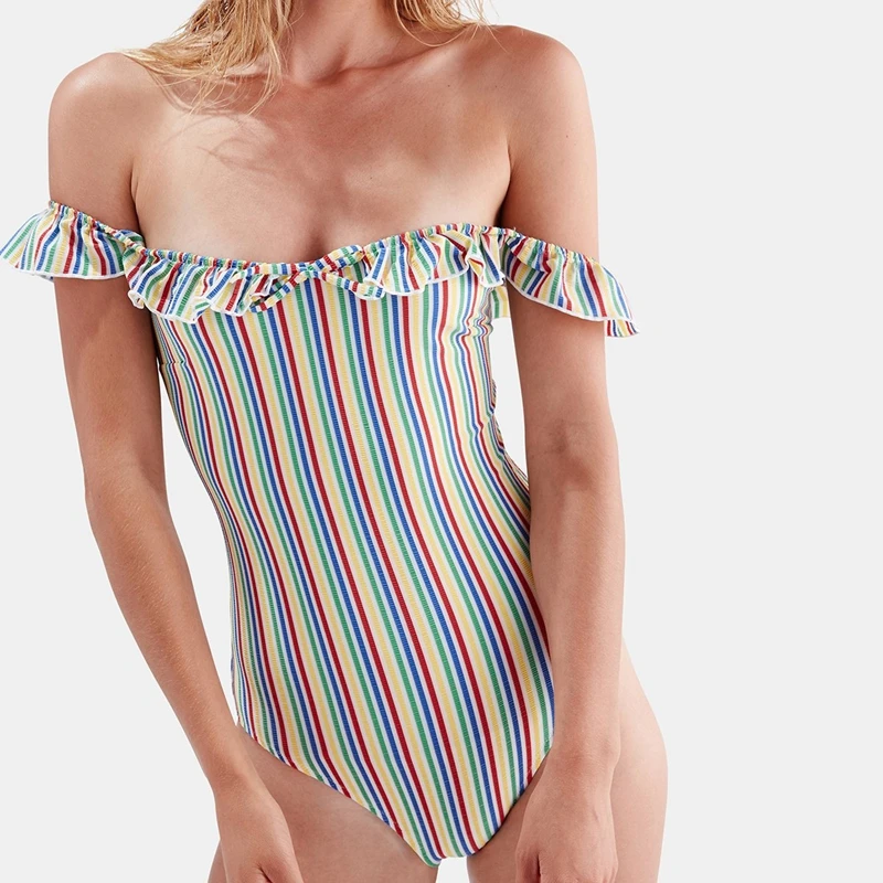 2019 New Sexy Vintage Stripe One Piece Plus Size Swimsuit Off Shoulder Monokini Swimwear Women Bodysuit Backless Bathing Suit XL | Спорт и