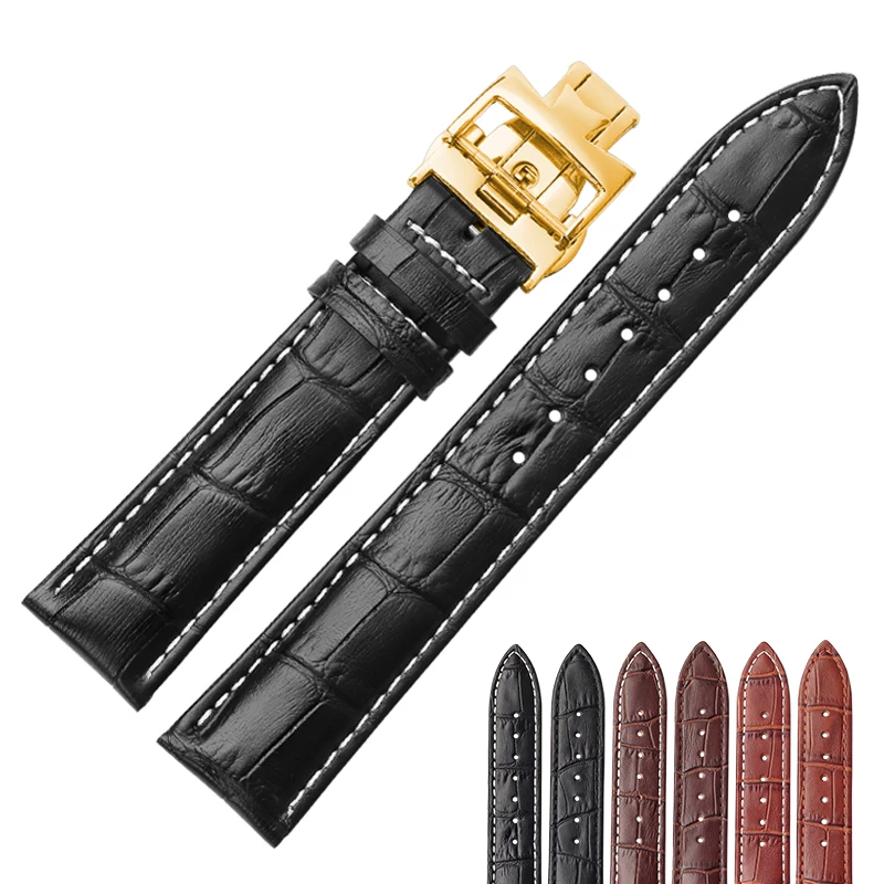 

ShiHui Watch fittings Genuine leather watchband Cowhide Male and female Butterfly clasp black brown 19 20 21 22mm