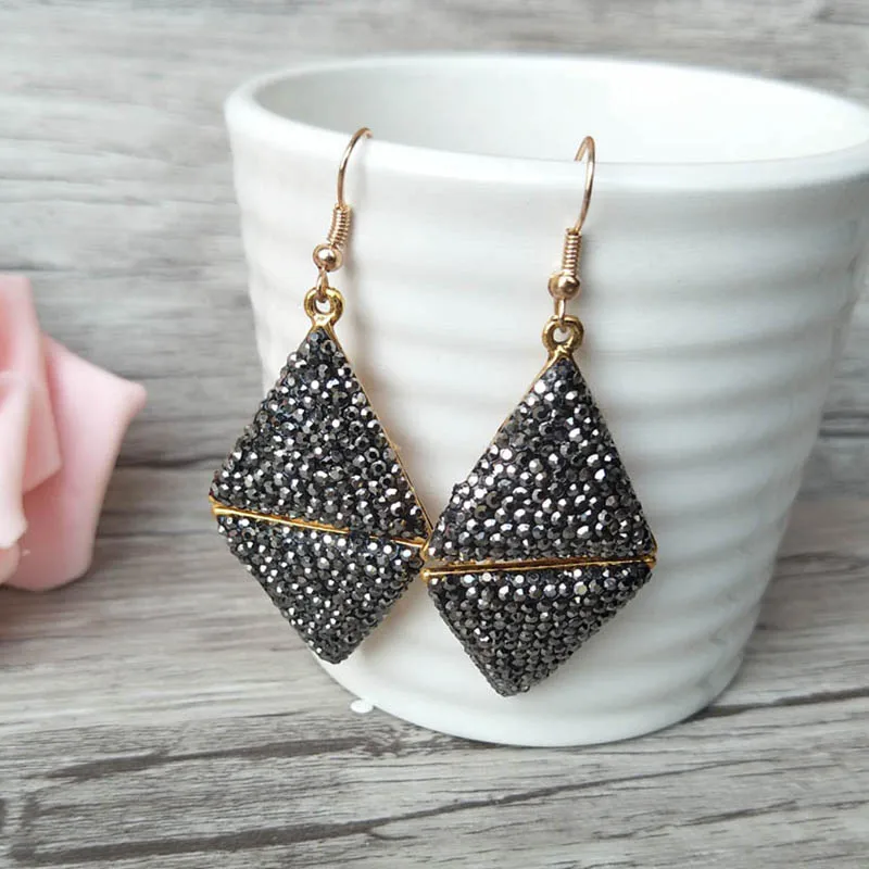 1 Pair handmade rhombus pave sparkly rhinestone crystal dangle