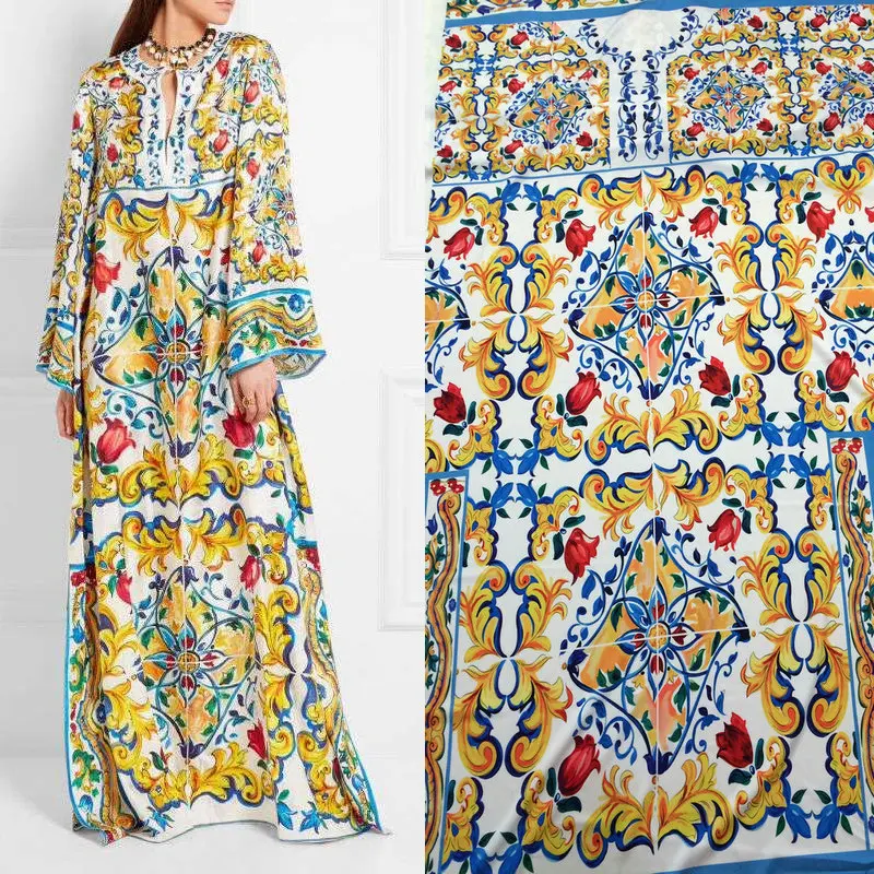 

207X145cm Fashion Week Located China Ceramics Painting Majolica Prints Imitate Silk Satin Fabric for Woman Long Dresses-AF284