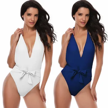 

Women Bodysuits Bra Set Padded Sexy Bow Lace-up Solid Backless Bikini Halter One Piece Swimwear 2S0128