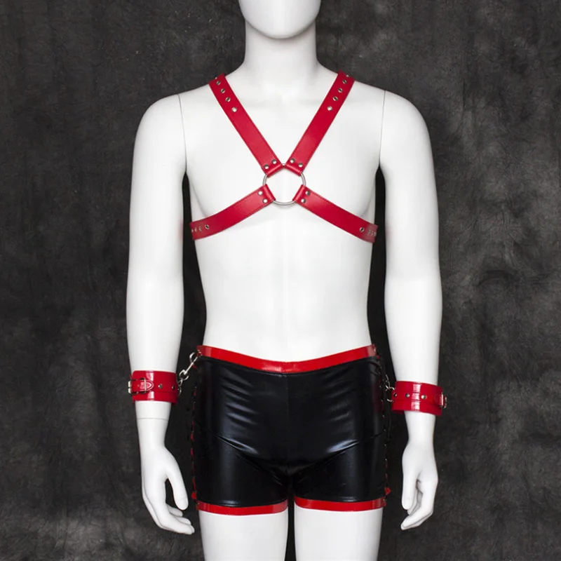 

Men Sexy Metal Rivet Punk leather material harness sculpting chest belt leather suspenders Men underpants with handcuffs