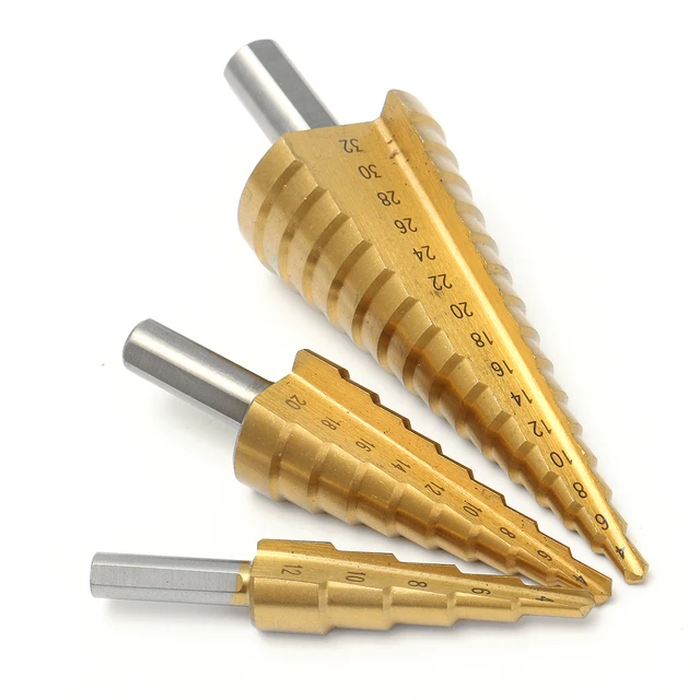 3Pcs 4-12/20/32mm Large HSS Steel Step Cone Spiral Flute Drill Bit Set Titanium Bit Hole Cutter Sharpening With Aluminum Box