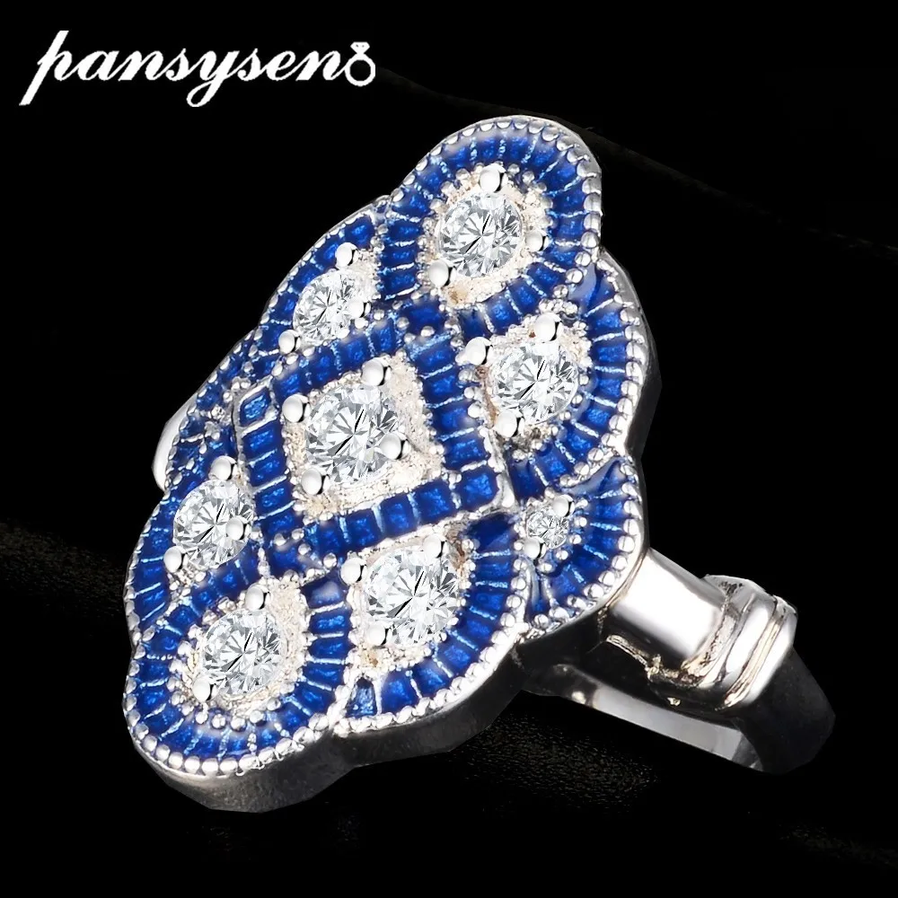

PANSYSEN Sterling Silver 925 Jewelry Blue Sapphire Rings For Women Men Luxury Bohemia Geometric Engagement Party Ring Size 6-10