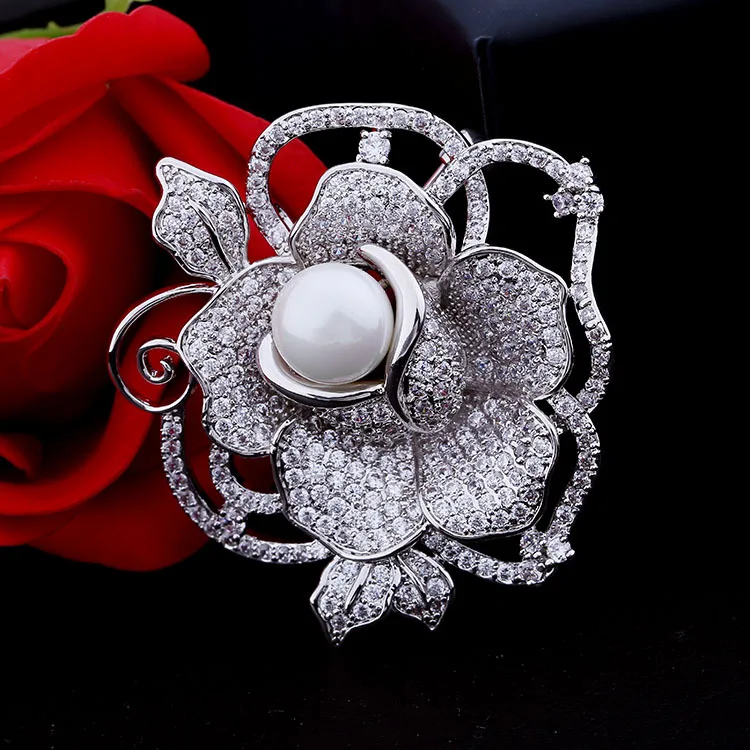 

luxury Bridal CZ Cubic Zircon Pearl Rose Flower Brooch Pins For Pendant Wedding Brooches Bouquet Jewelry 0012996