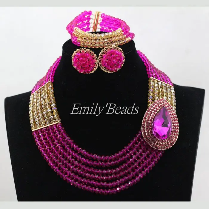 

Hot Fuchsia Pink Crystal Beads Necklaces Jewerly Set 2016 New African Costume Jewelry Set Wedding/Party Free Shipping ALJ631