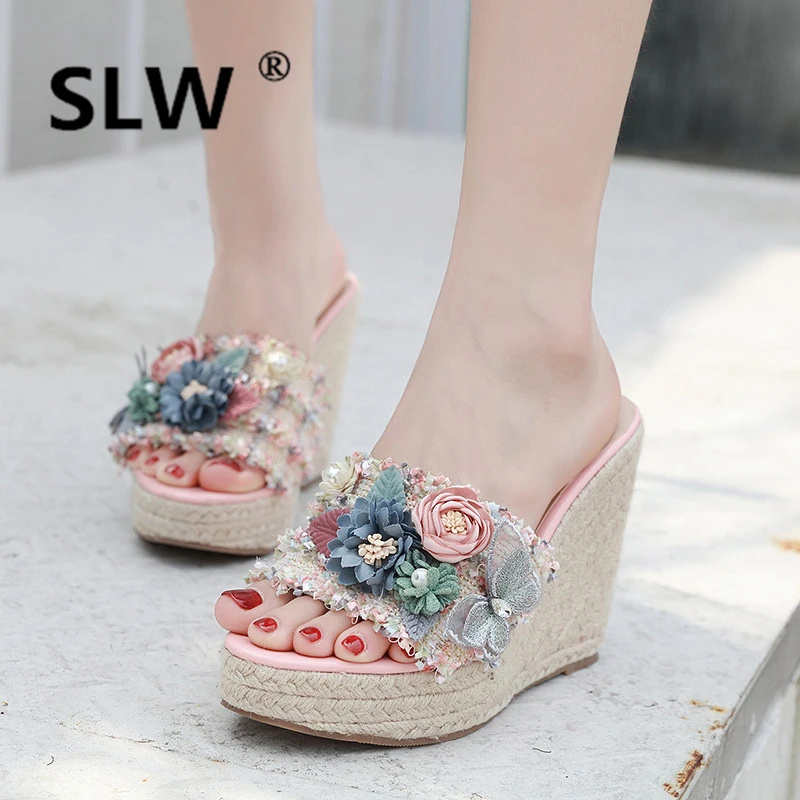 

Slides Bohemia Beach Slippers For Women On A Wedge Platform Med Women's Shoes 2019 Sliders New PU Wedges Rubber Basic Fabric