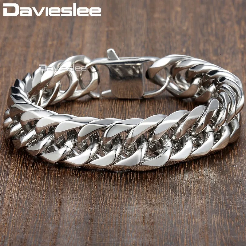 

Davieslee 15mm Men's Bracelet Silver Color Curb Cuban Link 316L Stainless Steel Wristband Male Jewelry DLHB289