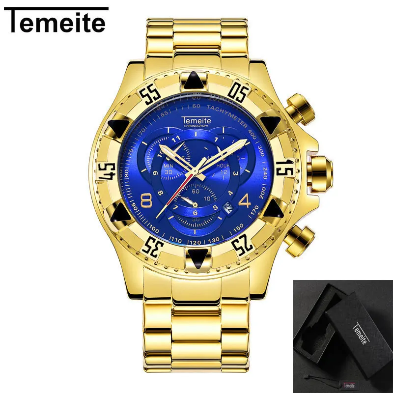 

luxury gold blue Large dial man quartz wristwatches waterproof TEMEITE brand mens Multifunction watch Chronograph men's clock