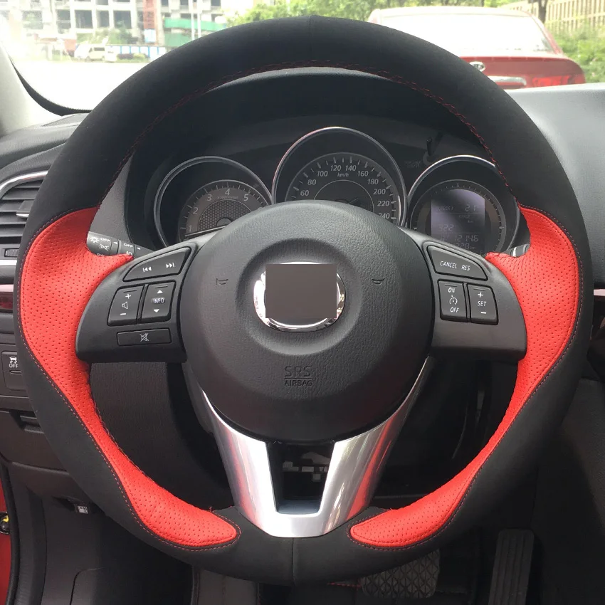 Red Leather Black Suede DIY Hand stitched Car Steering Wheel Cover for