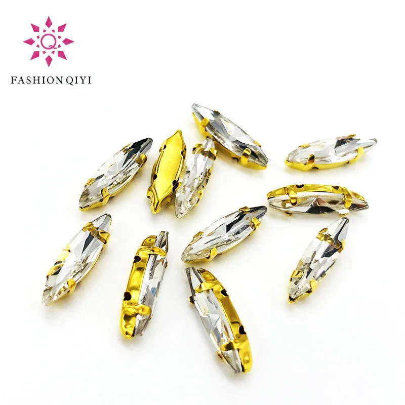 Free shipping 4x15mm White Horse eye shape Glass Crystal Gold bottom sew on claw rhinestones with holes diy Sewing On Garment