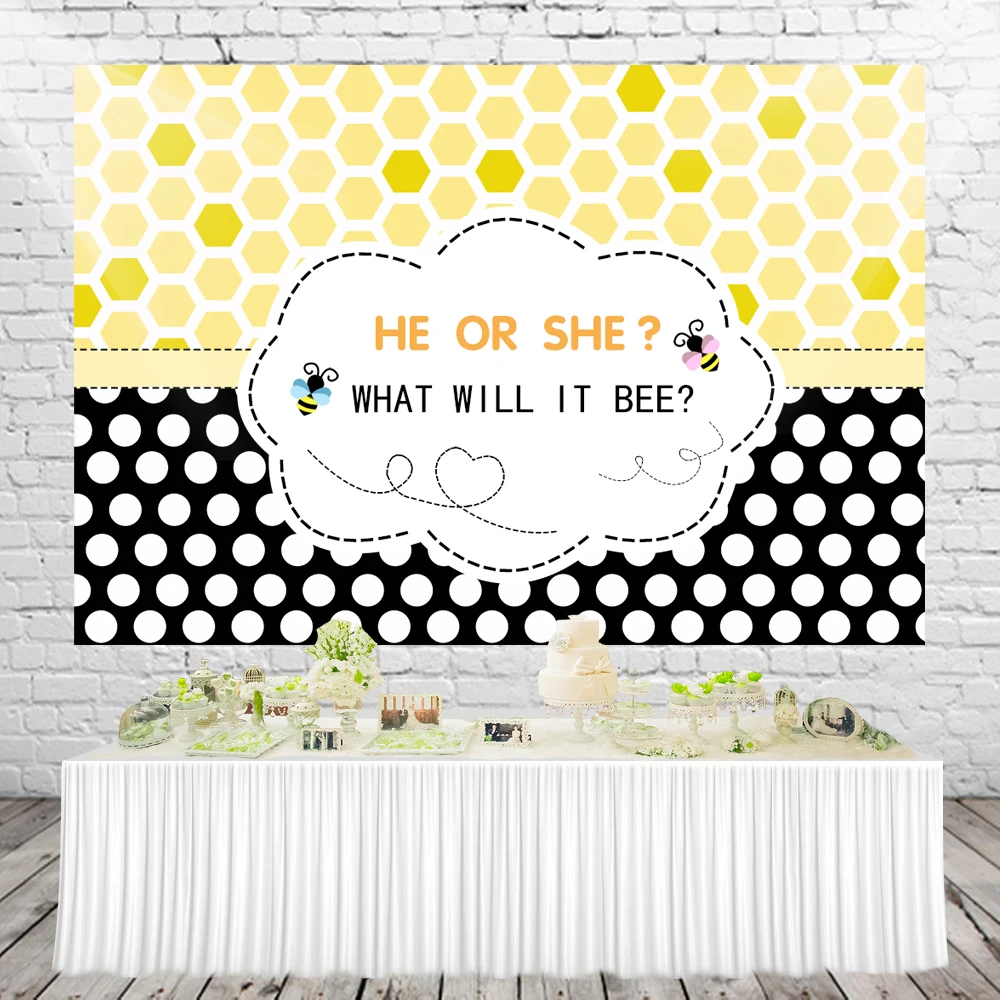 HUAYI He or She Gender Reveal Party Backdrop Honeycomb Photo Background Bees Theme Boy Or Girl Baby Shower Table Decor w-2154