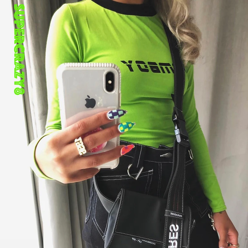 

letter print t shirt Fluorescent Green highneck Long Sleeve choker T-shirt Harajuku T-shirts