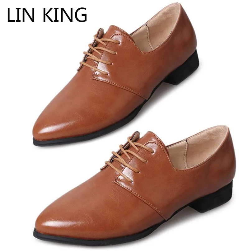 

LIN KING Spring Autumn Women Flats Shoes Shallow Lace Up Pu Leather Casual Shoes Pointed Toe Comfortable Loafers Plus Size 43