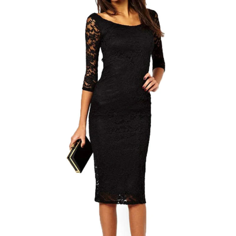Aliexpress.com : Buy 2018 Women Black Lace Dress Ladies Three Quarter ...