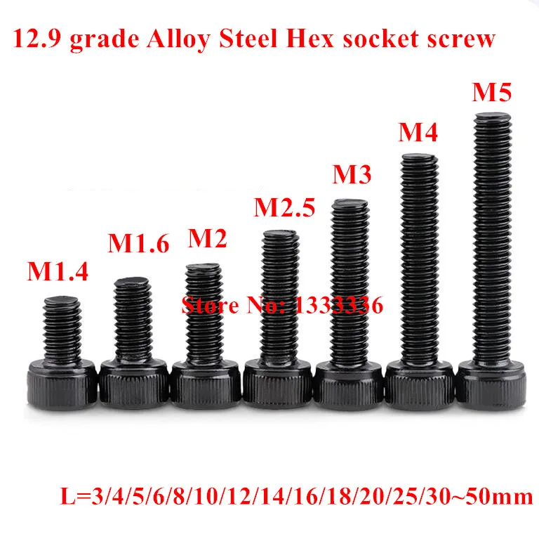 50 шт. DIN912 M1.4 M1.6 M2 M2.5 M3 M4 черный класс 12,9 легированная сталь Шестигранная головка винты с шестигранной головкой винты болты для автомобильных велосипедов