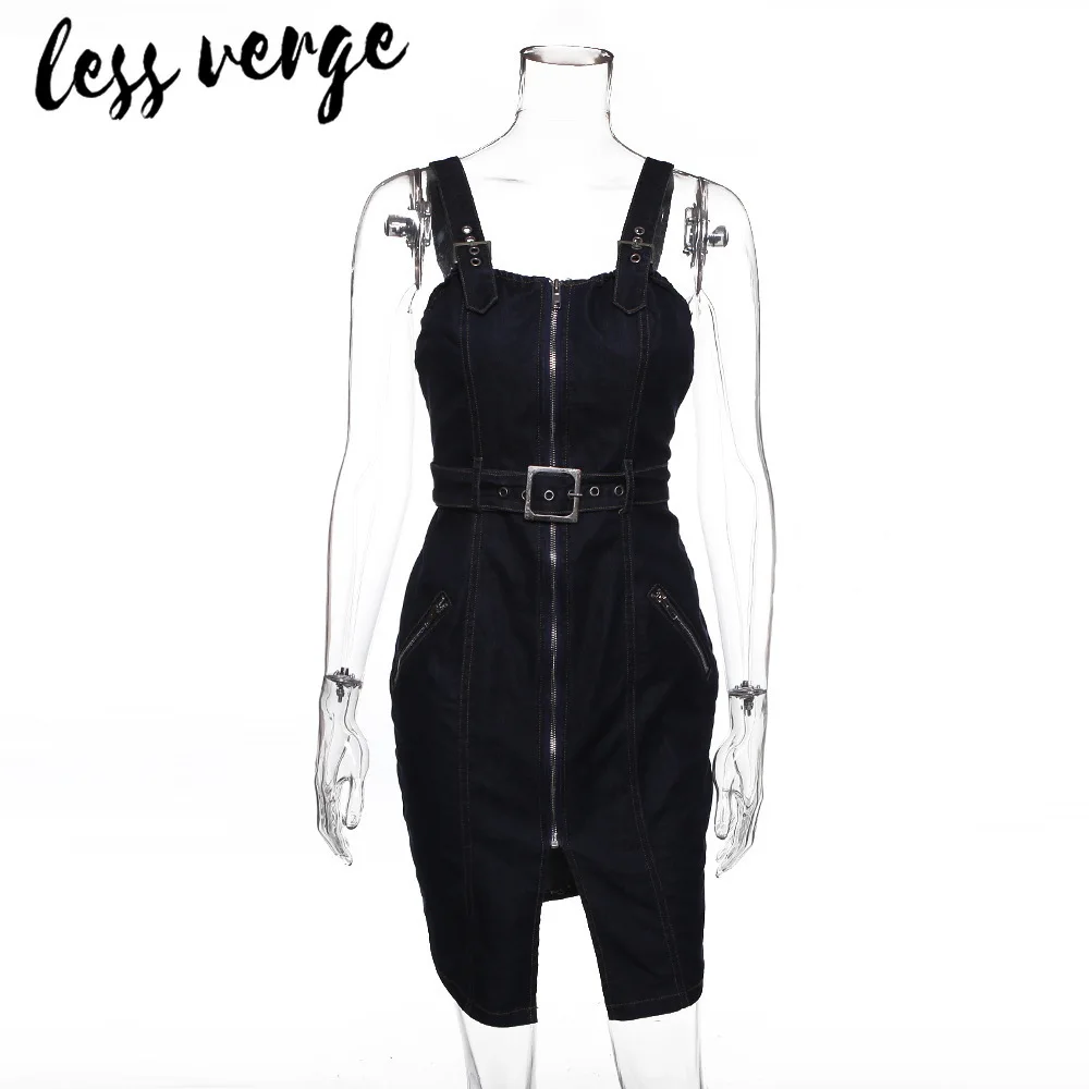 lessverge Backless bodycon denim midi dress women summer Zipper belt split party dress Sexy v neck strap jeans dresses vestidos