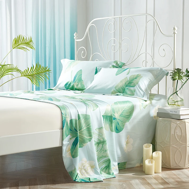 

Cool Summer Bamboo Fiber Bed Sheet with Pillowcase for Queen - King Size Beds Flower Tropical Leaf Striped Cartoon Print