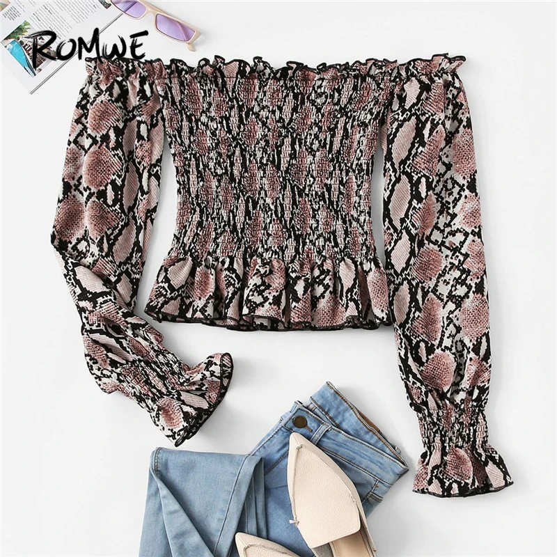 

ROMWE Snake Print Off The Shoulder Blouse 2019 Womens Pleated Flounce Sleeve Sexy Tops Posh Summer Women Slim Fit Blouses