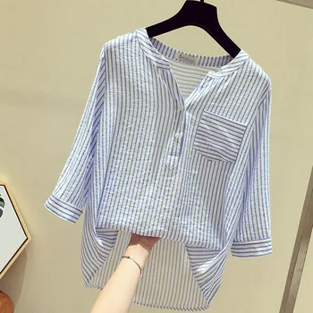 

womens blouses and tops Fashion Leisure V-Neck Tops Button Stripe Half Sleeve women shirt Blouse blusas mujer de moda 2019